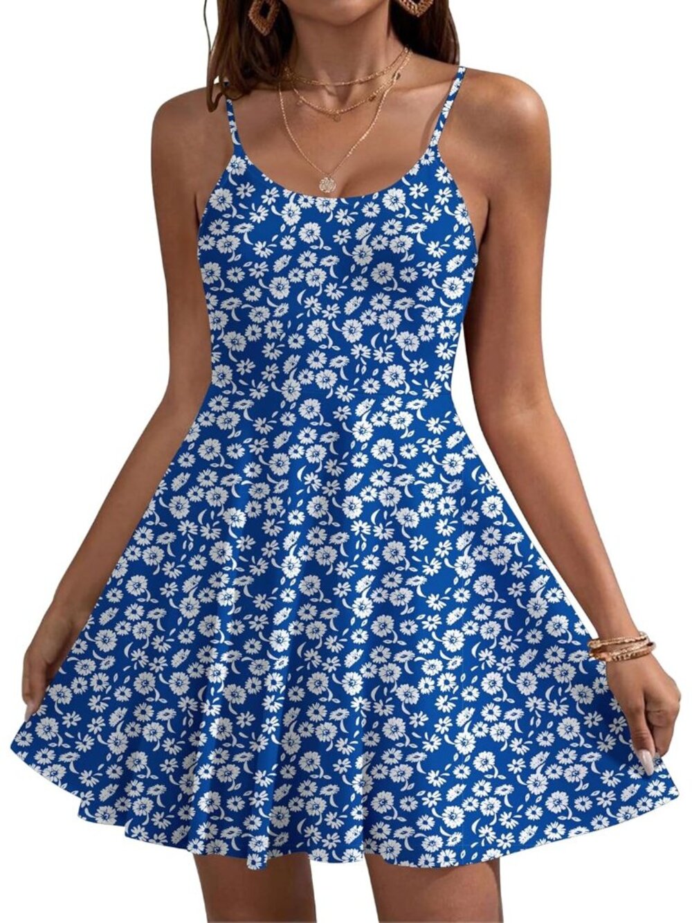 Women's Blue Floral Summer Dress Spaghetti Strap Floral Mini Casual Dress